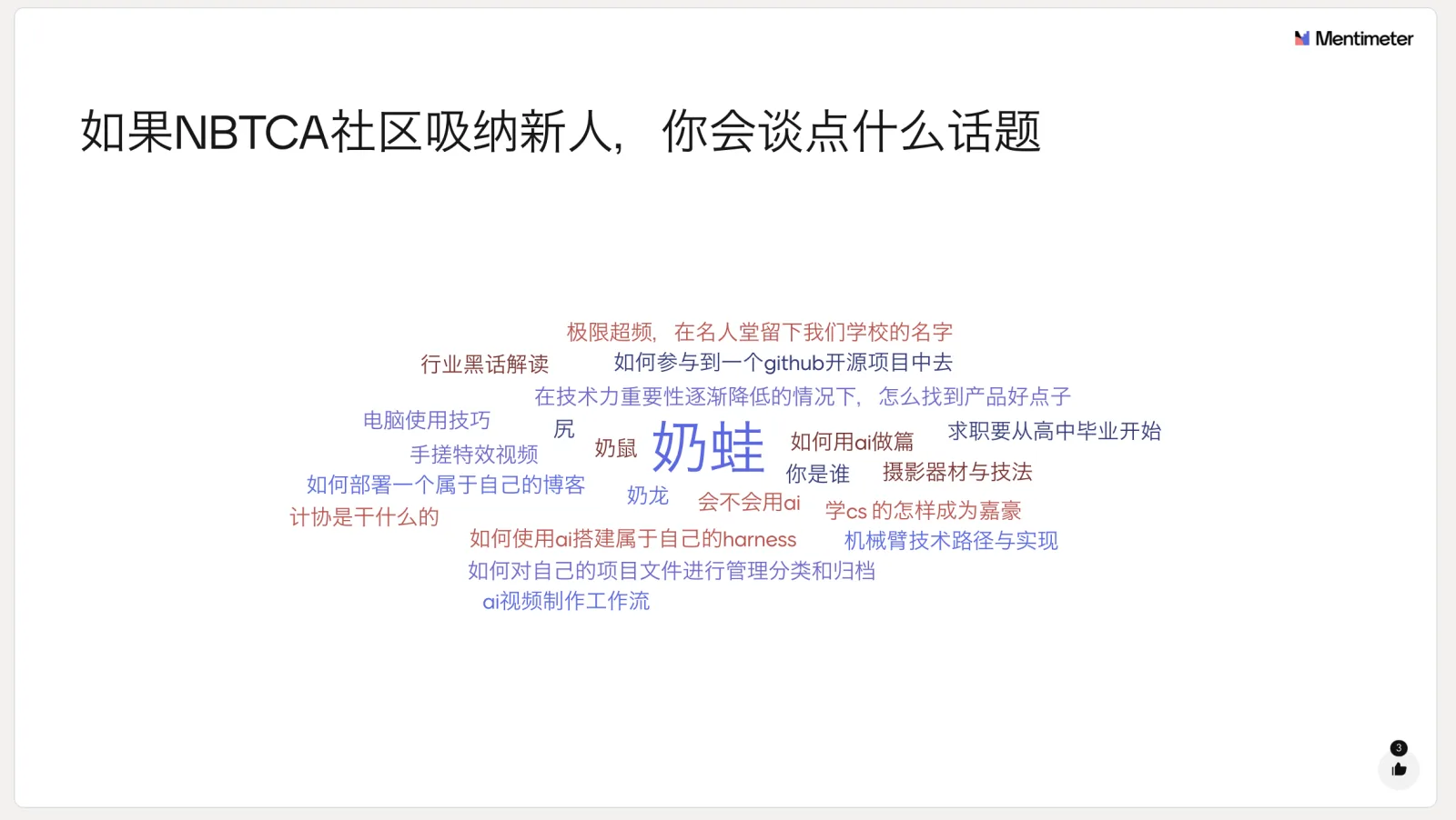Mentimeter 生成的词云,标题写着“如果 NBTCA 社区吸纳新人,你会谈点什么话题”;票数最高的词条以最大字号居中,四周环绕着“如何参与到一个 github 开源项目中去”“在技术力重要性逐渐降低的情况下,怎么找到产品好点子”“如何部署一个属于自己的博客”“如何使用 ai 搭建属于自己的 harness”“机械臂技术路径与实现”“摄影器材与技法”“ai 视频制作工作流”“极限超频,在名人堂留下我们学校的名字”“计协是干什么的”等条目,中间夹着几条玩笑话
