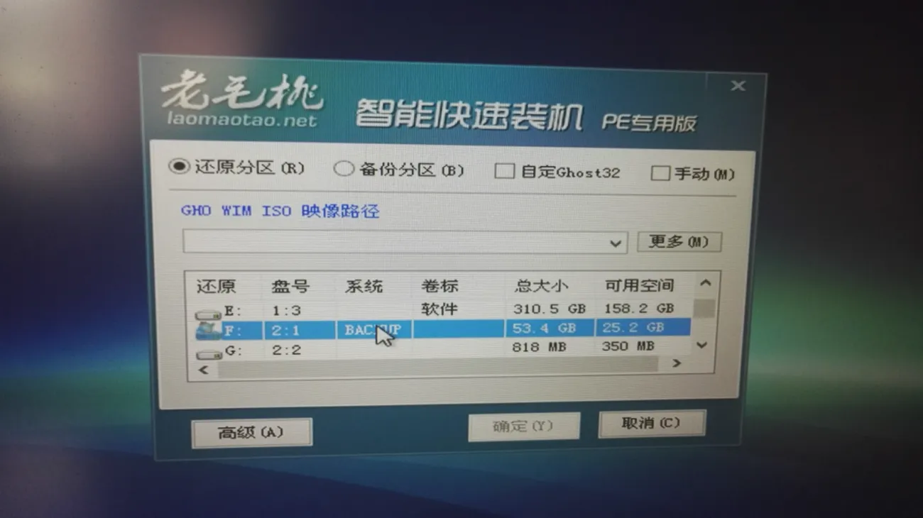 老毛桃智能快速装机 PE 专用版窗口，顶部四个单选项为还原分区、备份分区、自定义 Ghost32、手动运行，中间是 GHO WIM ISO 映像路径输入框，下方列出各分区的盘号、系统、卷标、总大小与可用空间
