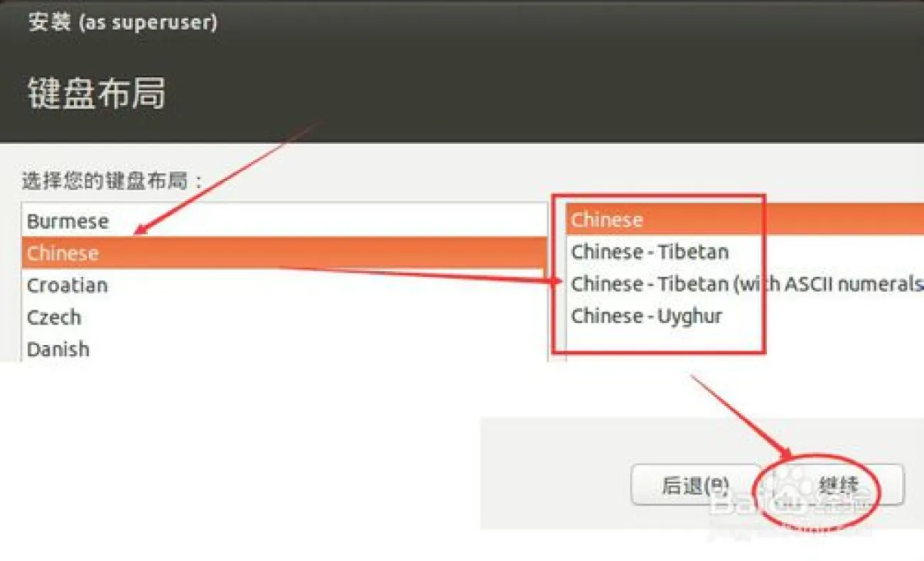 “键盘布局”页，左列选中 Chinese，右列展开 Chinese、Chinese - Tibetan 等子项，右下“继续”按钮被红圈标出