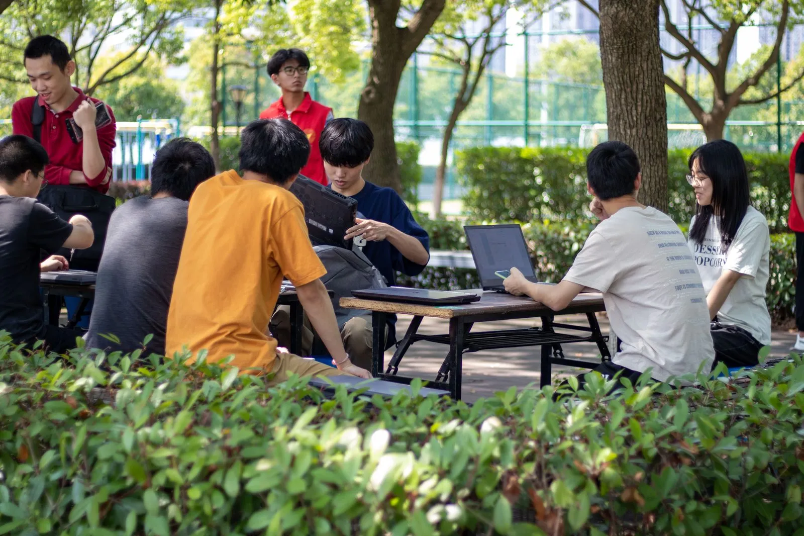 树荫下几张长桌拼成工位，队员与同学围坐着检修笔记本